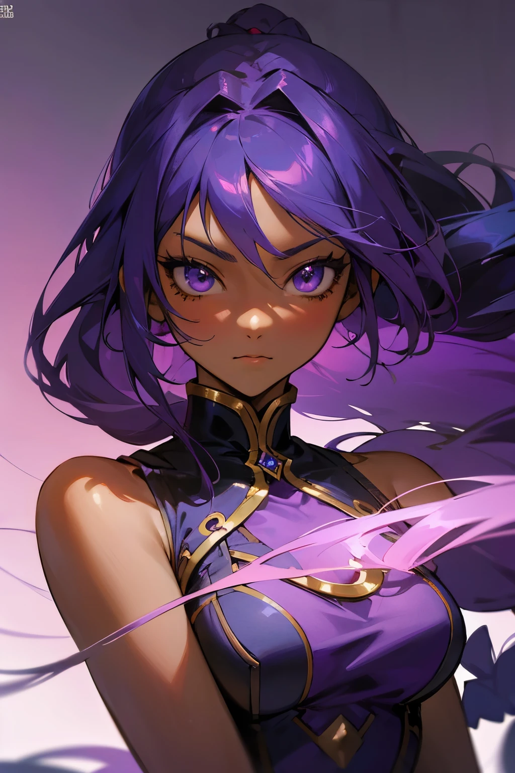 anime girl with long purple hair and braid hair and purple dress posing for a picture, dark skin, anime goddess, portrait knights of zodiac girl, extremely detailed artgerm, seductive anime girl, artgerm on artstation pixiv, beautiful alluring anime woman, 8k high quality detailed art, detailed digital anime art, 2. 5 d cgi anime fantasy artwork, beautiful goddess