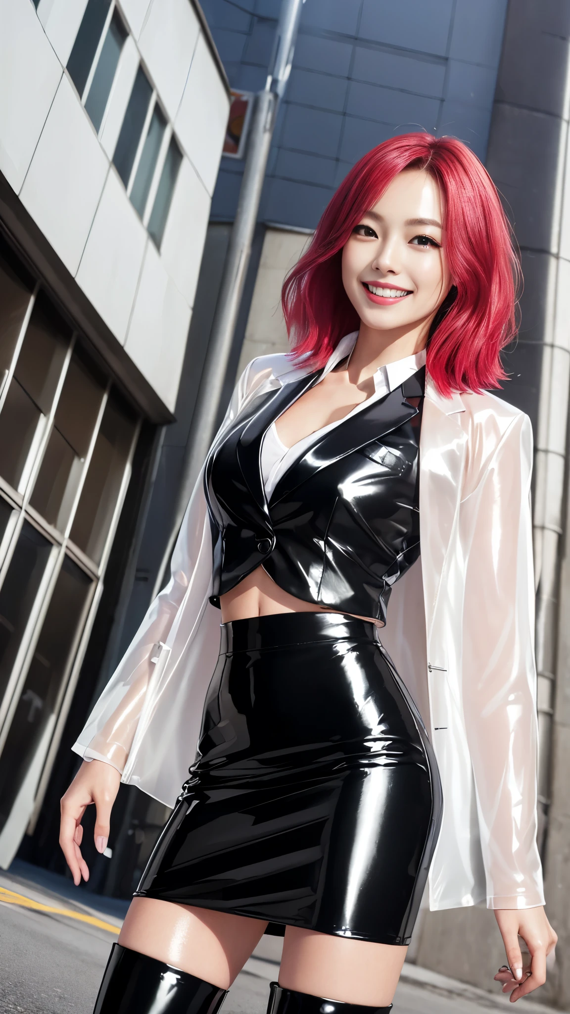(Tabletop:1.0), (highest quality:1.4), (High resolution:1.2), (Realistic:1.4), (8k, RAW Photos:1.2), (Soft Focus:1.4),(from below:1.5),break,a girl  Smiling while taking a photo,(a girl wearing translucent latex three-piece suit, , blazer, (((suit jacket))),(((business skirt))),BREAK,Slime Skin,Smooth and tight boots, Clear skin,latex, Translucent body,latex Shiny, Boots that fit your skin,break,(posing:1.5),BREAK,bob hair,(vermilion hair:1.2),(smile:1.2),glossy Shiny reflective, Makeup,Japanese Goddess, Glowing Skin,Gorgeous Japanese Model,Shiny,Shiny,slimy,(shiny black boots:1.2),break,Detailed Background,(at a street:1.3)