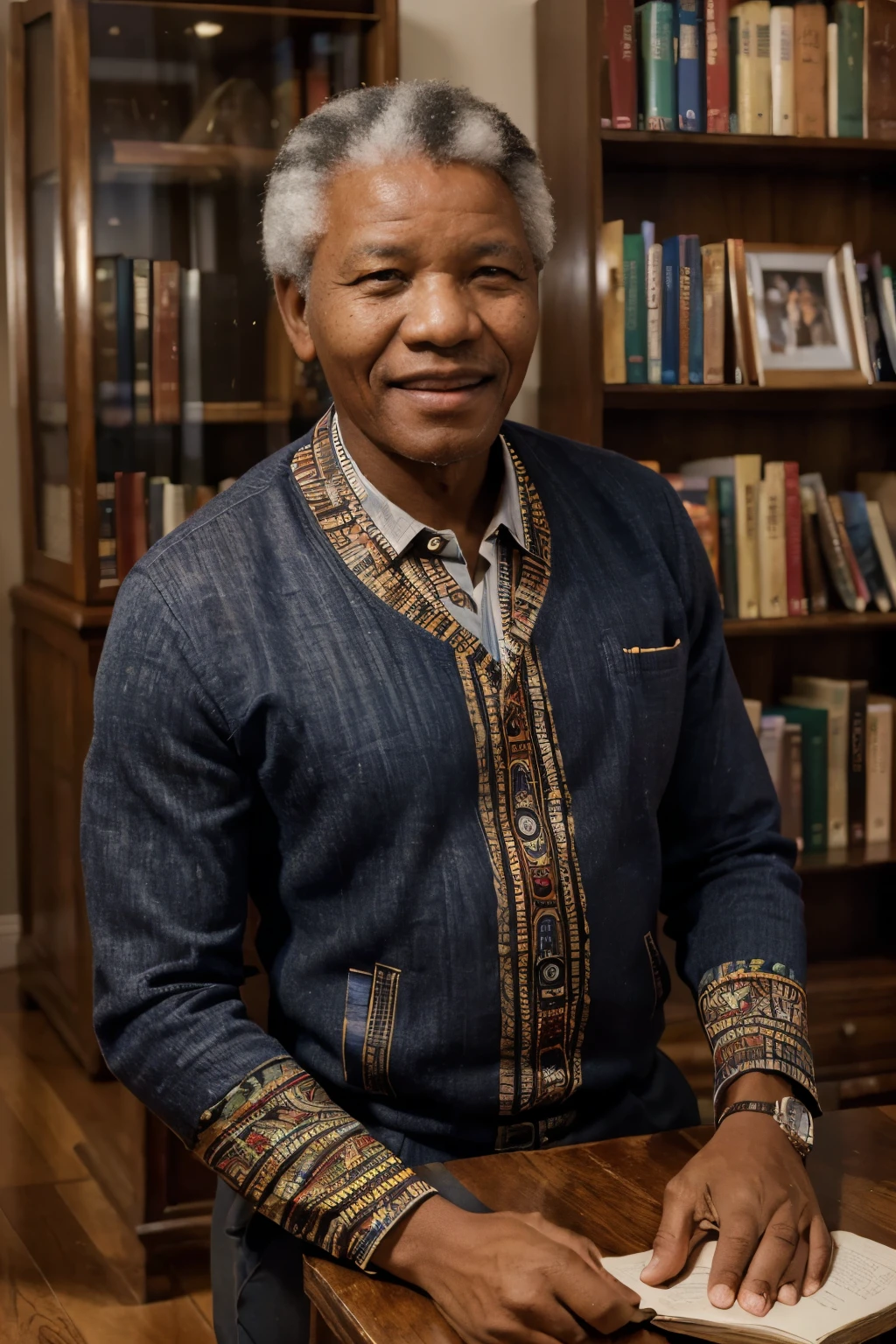 (best quality, 8K, 32k, masterpiece, UHD:1.2), 1 man, modern Nelson Mandela, greying hair, charismatic smile, dignified attire, African-inspired patterns, bookshelf in background, globe, (inspiring pose:1.2), detailed face, wise expression, looking at the viewer