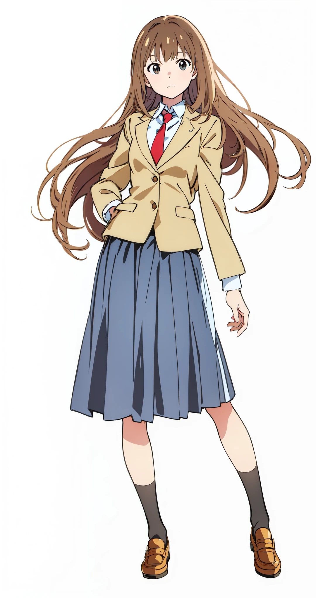 (white background:1.0), (best quality:1.0), (masterpiece:1.0), (super fine illustration:1.0), (beautiful artwork:1.0), (anime screencap:1.0), (official art:1.0), (full body:1.0), (solo:1.0), (HSGα:1.0), (a 18yo cute girl:1.0), (long skirt:1.2), (dark blue skirt:1.0), (pleated skirt:1.0), (school uniform beige blazer:1.0), (red necktie:1.0), (loafers:1.0), (black socks:1.0), (ideal ratio body proportions:1.2), (lanky:1.2), (tall:1.2), (slender:1.2), (small breasts:1.2), (smaller face:1.2), (tareme:1.0), (detailed beautiful eyes:1.0), (detailed beautiful face:1.0), (glowing black eyes:1.0), (long hair:1.0), (brown hair:1.0), (standing:1.0), (looking at viewer:1.0)