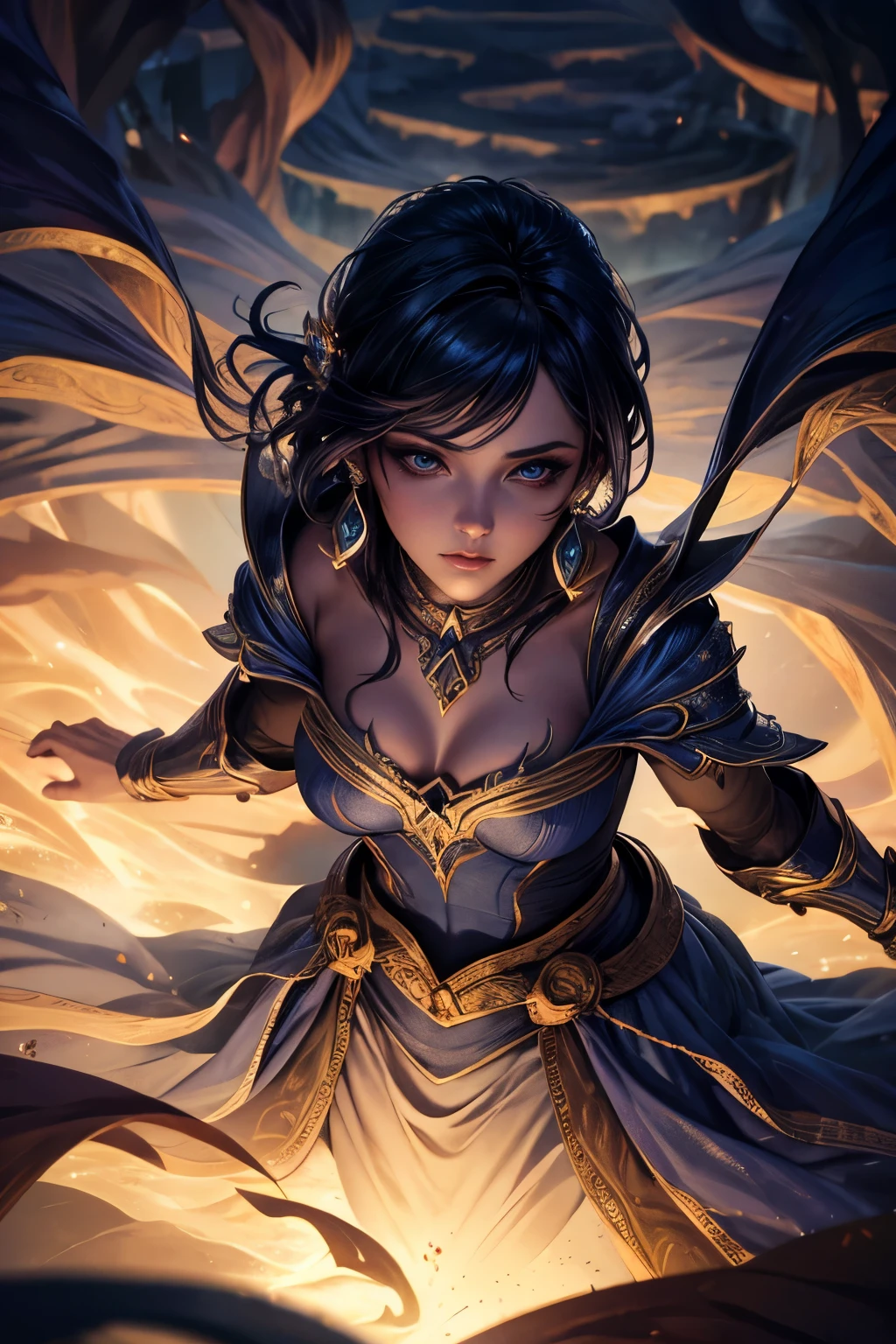 Elemental woman, beautiful, makeup, chiaroscuro, depth of field, textured skin, high quality, magic effects, from above, fantasy cenary,