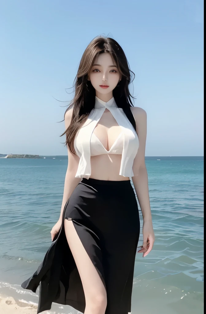 Beautiful woman with perfect body:1.4,Layered Hairstyle,Prominent cleavage:1.1,Highly detailed face and skin textures,Double eyelids,Skin Whitening,Long hair,Whitened long legs,(Transparent vest,Black pleated skirt)Standing by the sea