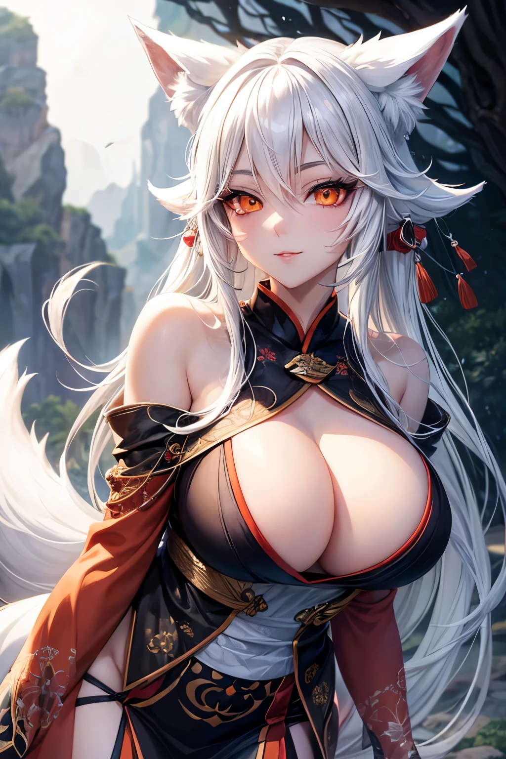 Spirit fox, sexy, bright eyes, white hair, fox ears, loom at viewer, beatifull girl, seductive gaze, sexy pose, orange eyes, fox eyes, eyeliner, japanese clothing.