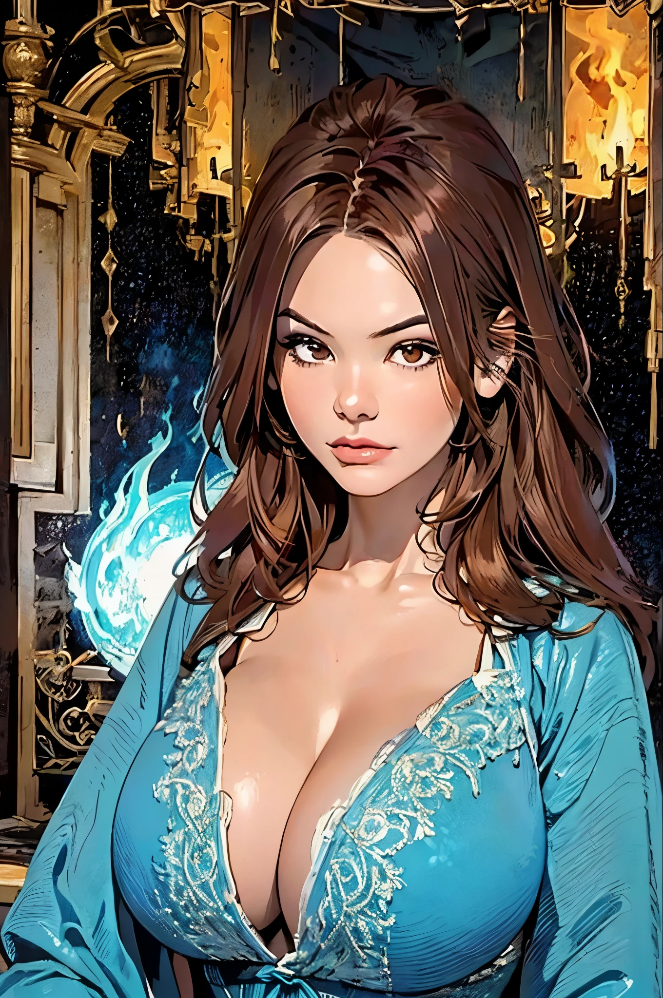delicate, masterpiece, beautiful detailed, finely detailed, intricate details, (realistic:1.2), (almost no light:1.2), (film noise:1.4), (EyeDetail, fFaceDetail, fHandDetail, (detailed face), (1girl), (full body), (masterpiece), (best quality), (ultra-detailed), (proportionate head), (illustration), (1realistic), (Highres) (Detailed illustration) Ultra-detailed, (brown hair), brown eye color, detailed face, detailed glassy eyes, Ashley Tervort, tan skin, generous bosoms, intricately detailed robes, sorceress, fire effects, hermetic symbols, alchemical symbols, sigils, magical energy