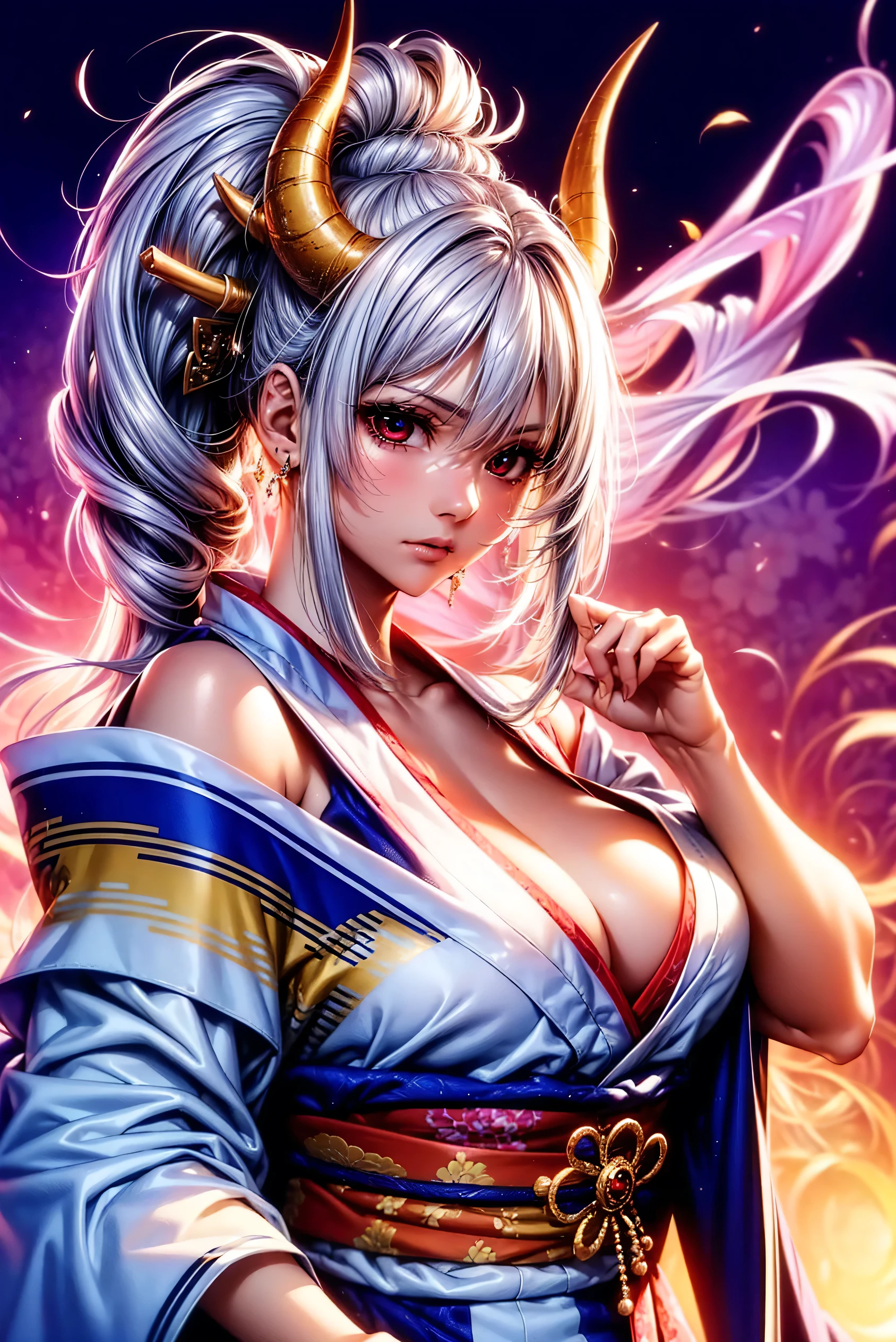 (top quality、masterpiece、very high resolution、super high quality、High quality pixels)、perfect eyes, perfect face, alone,alone, 8k, big breasts,(Detailed description of hair), (Detailed description of face),(detailed description of body), Fair and translucent skin, Gorgeous, long legs, facing the audience, Professional photography lighting, kimono, Oni horn, silver hair, (red eyeball: 1.2), girlfriend expression