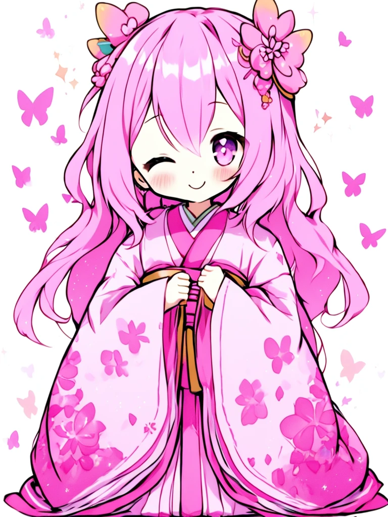 One girl, alone, Pastel pink hair, Hair on one eye, Virtual YouTuber, whole body, chest, White Background, Simple Background, Long Hair, Twelve-layered kimono，pastel colour，View Viewer, seiza，Cute eyes, Sparkling，smile，Point first，Cute，Long sleeves，Long sleeve, Mouth closed，Pink butterfly