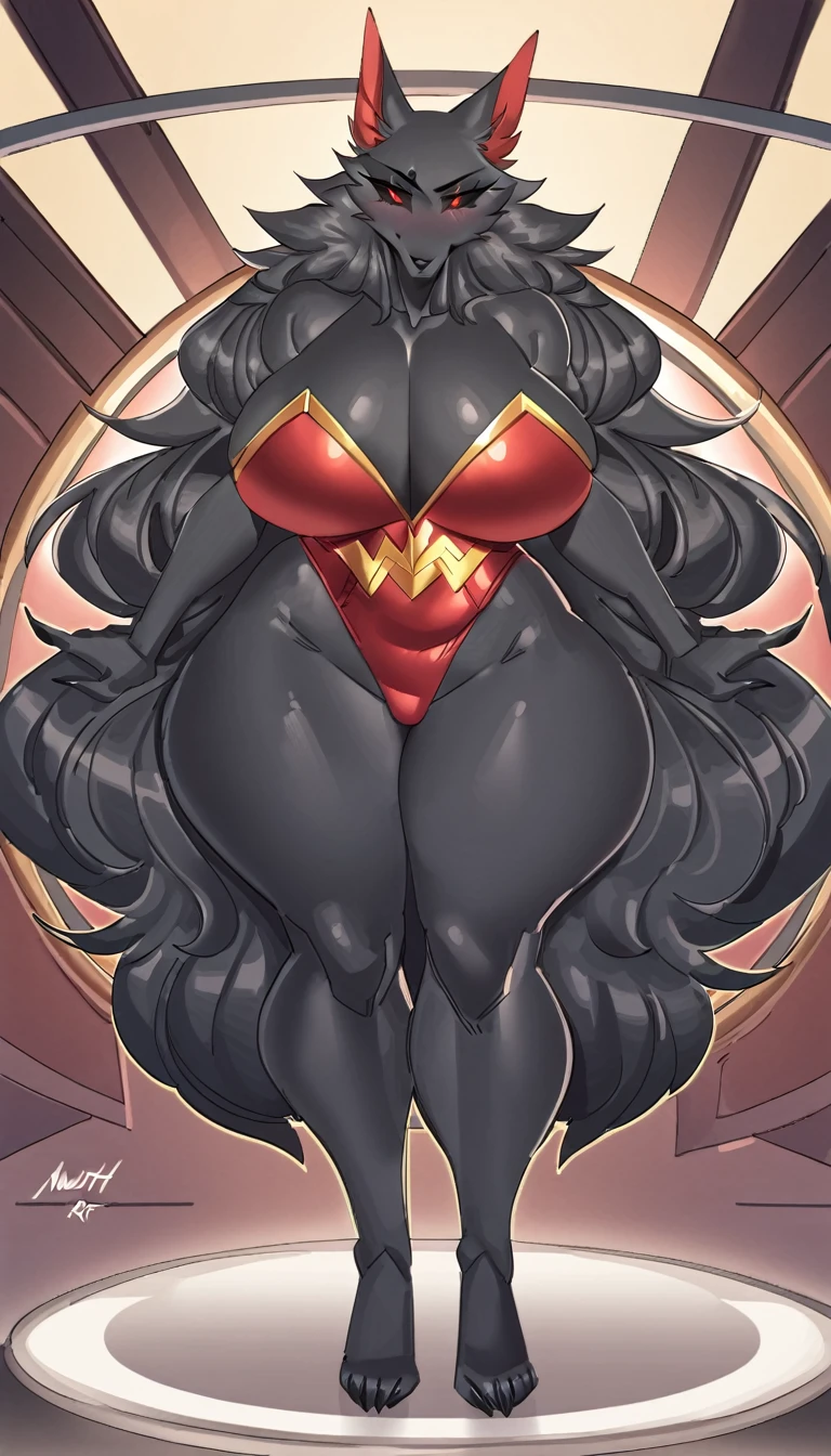 (((highly detailed, high quality, masterpiece, beautiful))), (((full shot, three quarter angle))), (((carsen art, nauth art))), (((athletic female))), (((tall female))), Candid, canine, canis, (((wolf))), mammal, (((cameltoes))), curved leaves, (((5 fingers, 5 toes))), big butt, large ass, (((black body))), (((black fur))), black nails, black nose, (((black sclera))), (((red eyes))), big eye, ( and pointed eyes))), eyelashes, eyeliner, (((black eyebrowns))), (((thick eyebrowns)), (((eyebrown inner brow up))), (((eyebrown brow down))), bubble ass, busty, butt, (((claws))), (((red highleg leotard))), wonder woman, (((cleavage))), (((feet detail))), (((fingers))), (((ears long))), Ears up, big nose, long snout, (((genital outline))), (((Tuft cheeks, facial tuft))), long cheeks, fluffy Mane, long Mane back, humanoid feet, humanoid hands, (((horny face))), in love to the viewer, large bum, presenting ass, hands on own thighs, (((grabbing own thighs))), arms down, looking at viewer, nails, plantigrade, (((protective mother countenance))), pose, (((red inner ear))), sensual eye, sensual body, (((smile))), (((arched soles))), (((round heels feet))), (((one tiptoes))), body blush, solo, sheap space, standing, long wolf tail, fluffy tail, thick thighs, thighs together, (((wrinkled feet))), (((soft soles))), (((meaty soles))), (((toe claws))), long claws, toes, nails, (((plantigrade))), (((voluptuous))), huge thighs, wide hips, curvy figure, curvaceous, absurd res, hi res, signature, in a spaceship next to a large window space