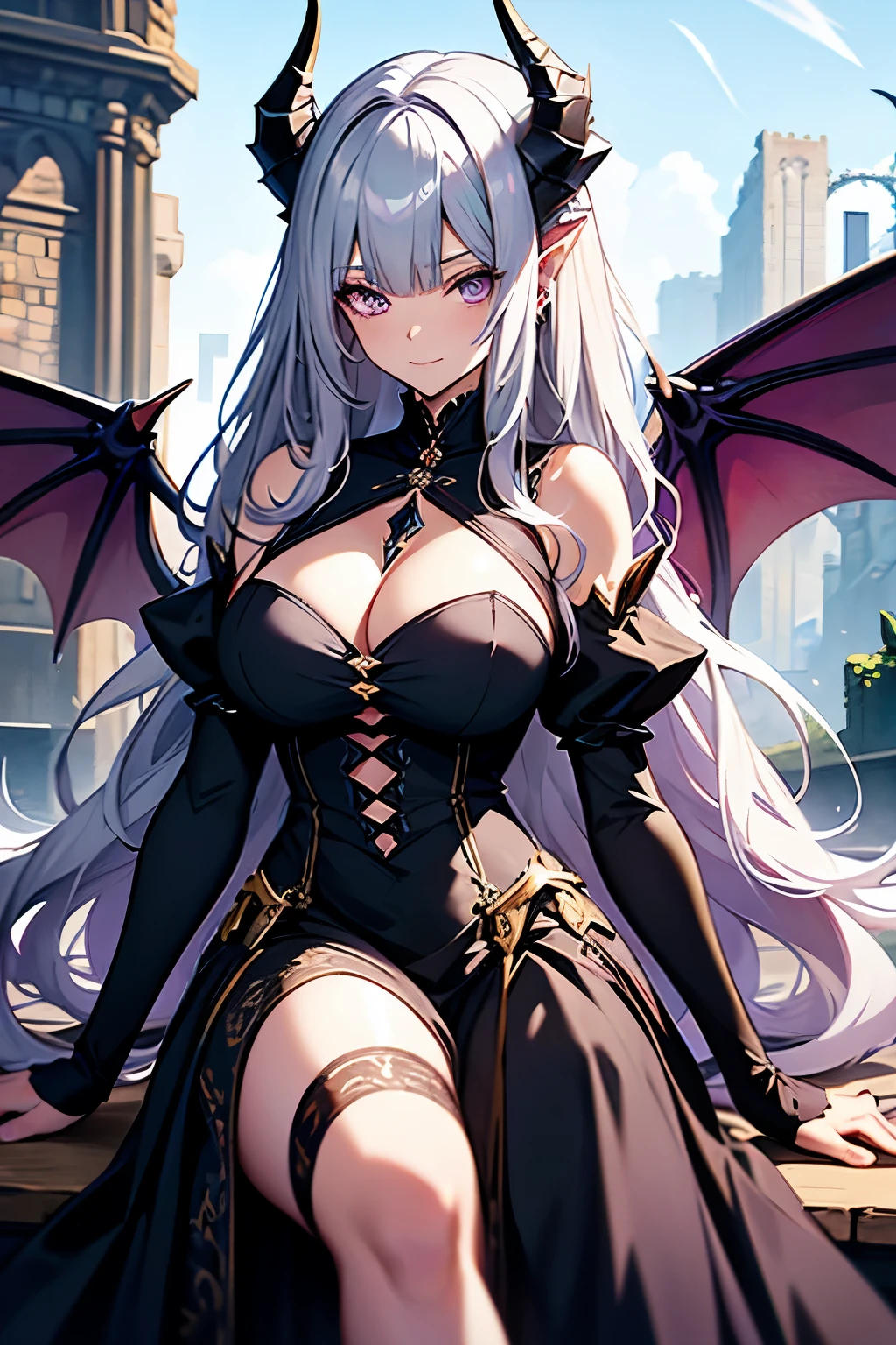 a cartoon image of a draconic woman with horns and a black dress, medieval, dragon, beautiful elegant dragon queen, gothic maiden anime girl, dragon girl, anime monster girl, long wavy silver hair long side bangs, purple eyes, LARGE dragon wings, long dragon tail, modest dress, no bangs, cute medieval style dress with ragged bottom