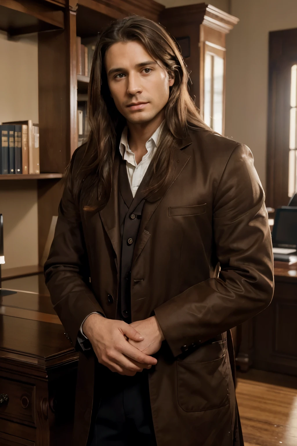 (best quality, 8K, 32k, masterpiece, UHD:1.2), 1 man, modern Isaac Newton, long brown hair, distinguished appearance, scholarly attire, apple and scientific equipment on desk, library background, (contemplative pose:1.2), detailed face, inquisitive expression, looking at the viewer