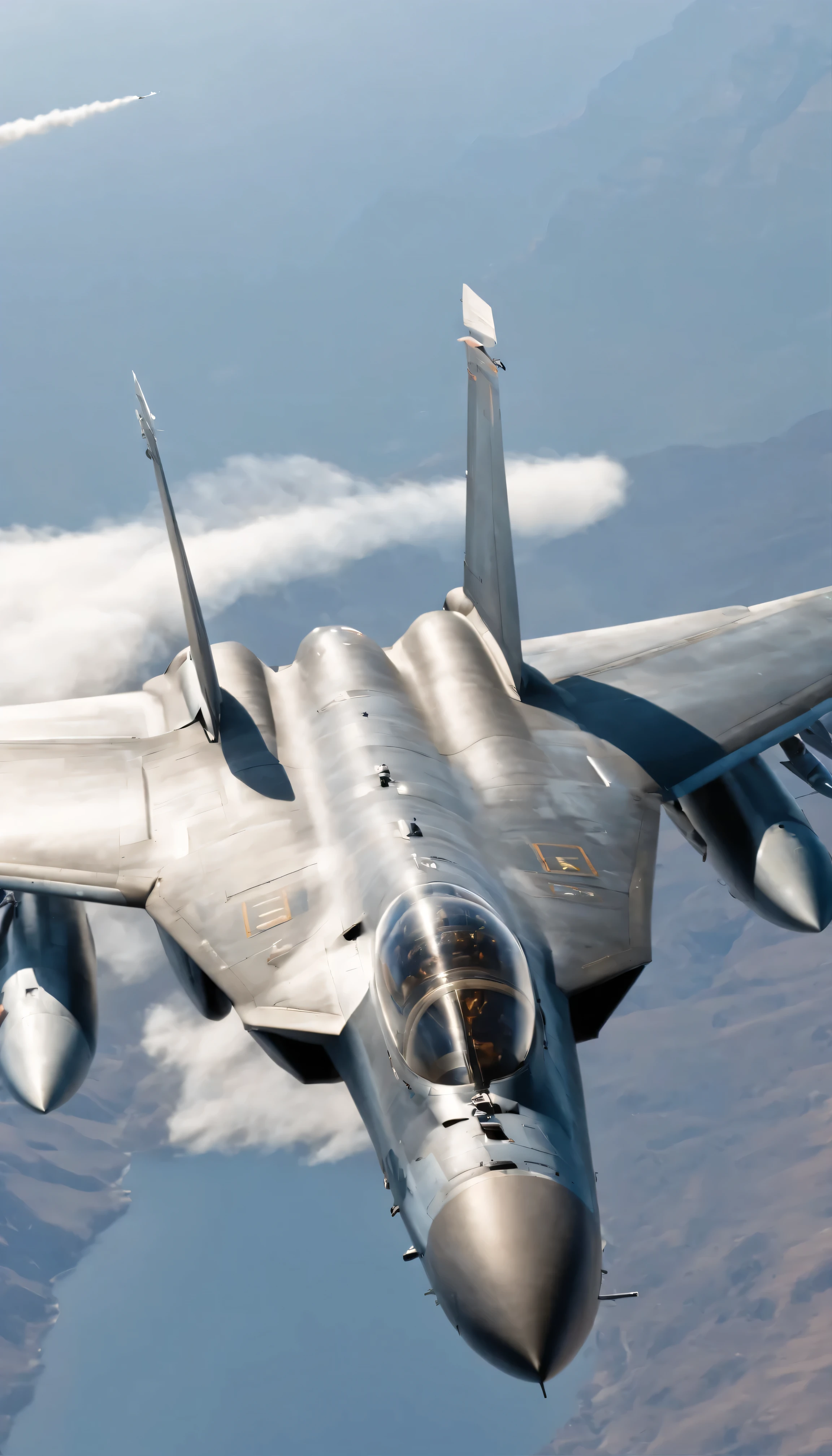 with high definition images，Hollywood high definition movie stills:『Top Gun Maverick』The thrilling battle scenes。Two aircraft, the F-14 Tomcat and the SU-59 stealth fighter, piloted by the legendary Maverick,、Glide back and forth against a breathtaking skyline backdrop。With precise precision、Their aircraft shining in the sunlight、It showcases some impressive techniques of modern aerial combat.。The intensity of this scene、Hold the control stick tightly、The image is accentuated by the look of concentration on the pilot&#39;s face as he skillfully controls his aircraft in a dance of speed and power.。Accurate F-14 Maverick fuselage shape Tom Cruise profile.More about Face