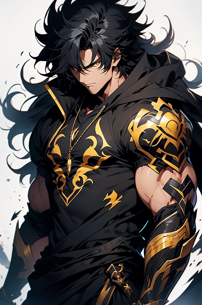 ((character)), (best quality)), ((masterpiece)), (detailed), ((white background)), black garb, solo, 1boy, male focus, stark_sousou_no_frieren, black hair, shirtless, black hoodie, dark skin, muscular, gauntlets, messy hair, yellow eyes, anime, scowl