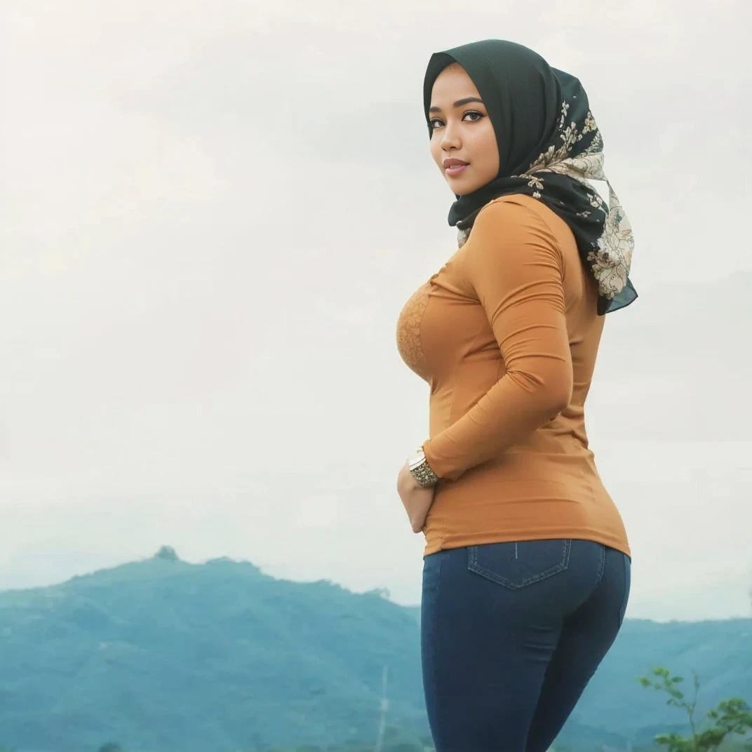 RAW, Best quality, high resolution, work: 1.3), Beautiful Malay woman in hijab (iu:0.8),Malay girl in hijab wearing baju kurung with small flower pattern, back view,looking at the viewer, skin detail, skin texture detail, big breasts, big hips, big waist, big round butt, big thighs, slim belly, beautiful body, morning, laughing, happy, bright lighting, rice fields in the background, village people crowded, blurry background, bokeh,