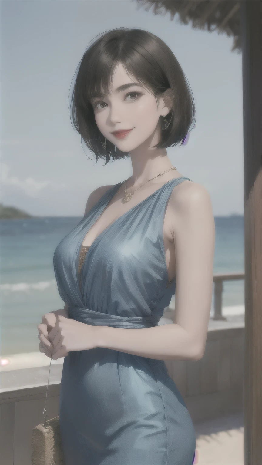 234 20-year-old female, short hair, Summer travel magazine, A kind smile, lipstick, Photo quality
