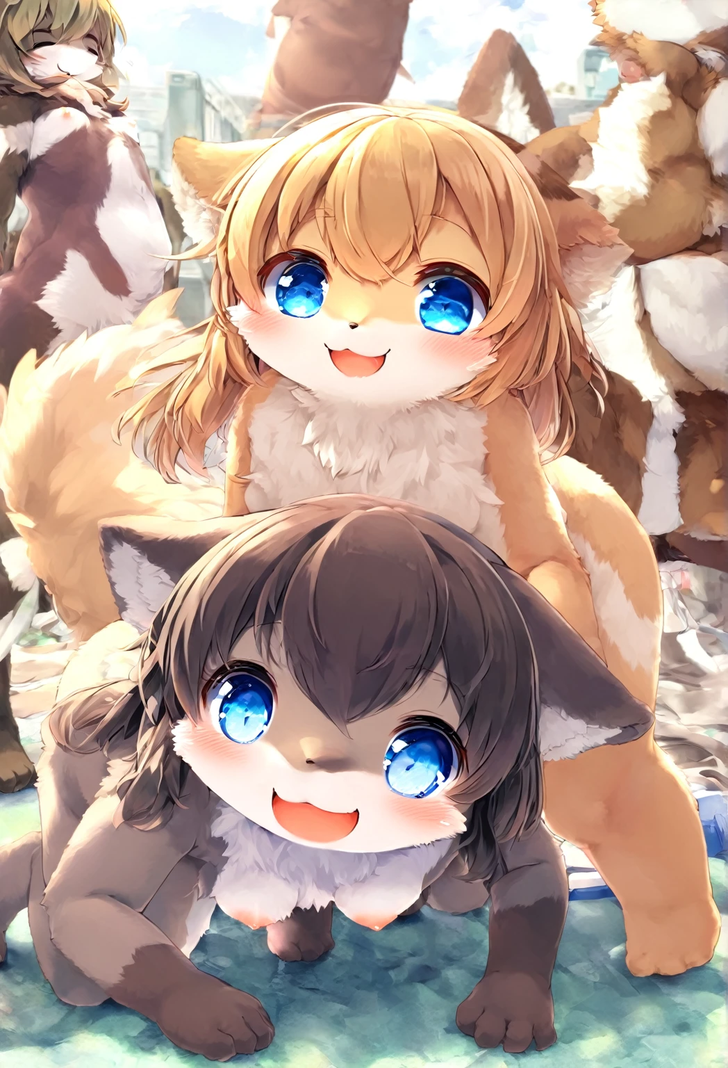 Ultra-high resolution, Detailed Background,  boy, girl, Happy, Joyful, Disorganized(kemono, Furry Personification),　Naked　Naked　Completely naked　Covered entirely in fur　Animal body types，　Sexy　Adorable，Pure，　No shame　having mating　Nipples　Young，，Barely　Fully visible，foreskin，On all fours， male genitalia ， female genitalia，Male and female，