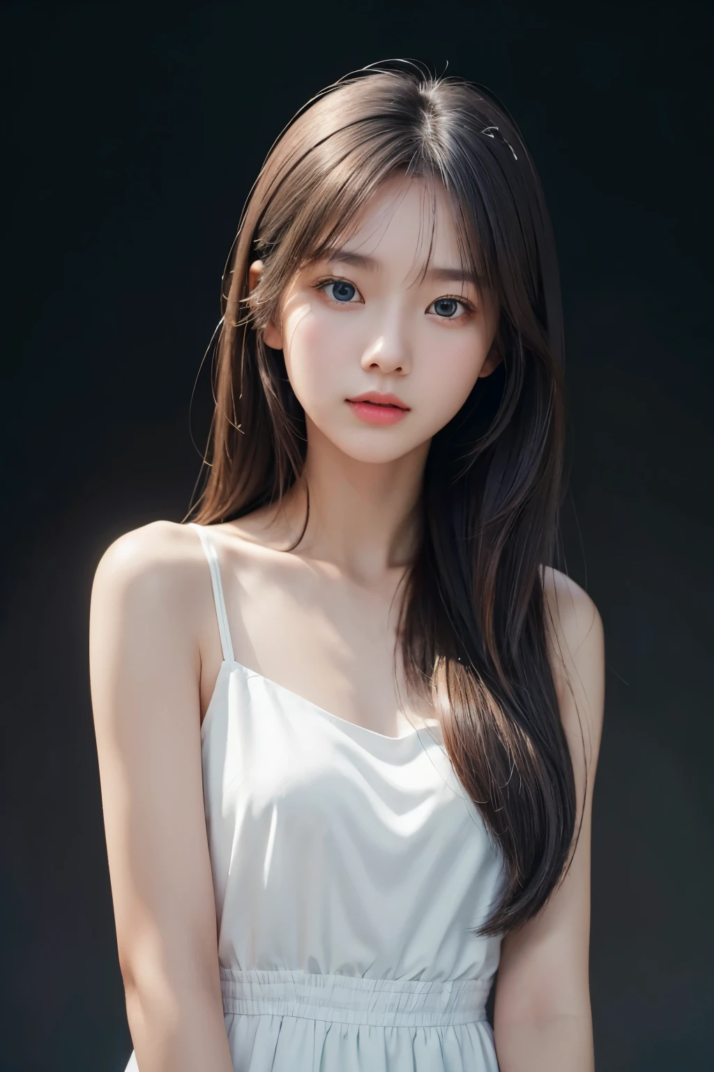 One girl, Long Hair, White Dress, (Isolated on a dark gray background:1.2), from the front, Are standing, (Soft lighting:1.2), Shot with Canon EOS 5D, break
(Upper Body:1.2), , highest quality, Ultra-high resolution, (Realistic:1.4), masterpiece, Real Skin, Hyper Real, perspective, Beautiful eyes and detailed face  