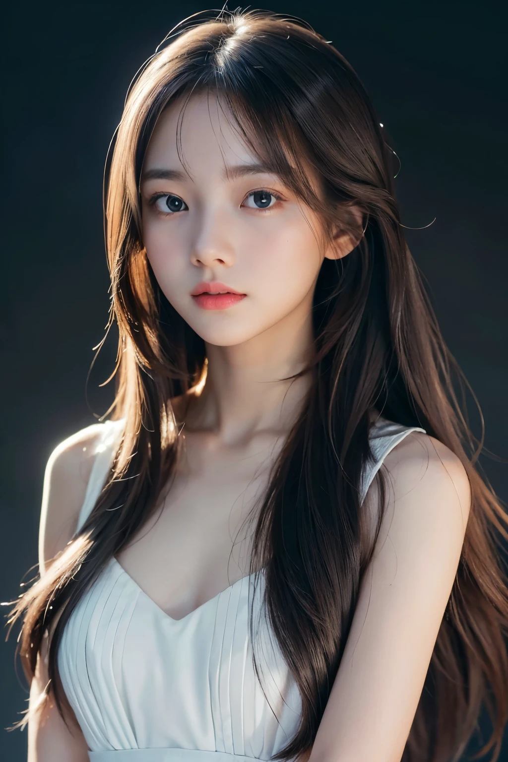 One girl, Long Hair, White Dress, (Isolated on a dark gray background:1.2), from the front, Are standing, (Soft lighting:1.2), Shot with Canon EOS 5D, break
(Upper Body:1.2), , highest quality, Ultra-high resolution, (Realistic:1.4), masterpiece, Real Skin, Hyper Real, perspective, Beautiful eyes and detailed face  