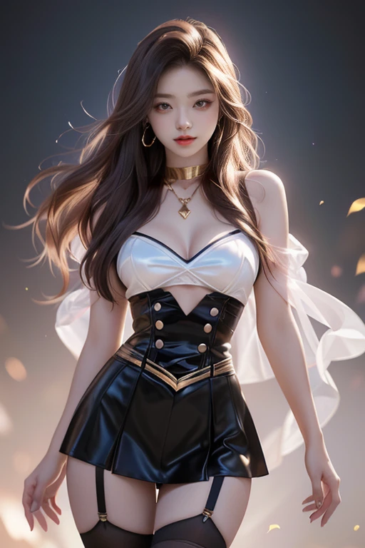 (8K Ultra HD、Digital SLR Camera、Soft Light、high quality、Volumetric Lighting、frank、photo、high resolution、4k、8K、Bokeh),(Rich details on the eyes and face,warm color, Very saturated colors,Show a charming smile, Perfect face, Pretty Face, black eyes,Skin is transparent and visible, Shirasawa skin,cosmetic, necklace, Jewelry,veil,Hair accessories),(Create stunning images of real girls, warm light, Dynamic poses, Elegant Posture, Cowboy lens, Look confident from the front,Facing the camera,Standing,Open your legs slightly,Golden Ratio Graphics,Minimalism, ), (Study background), Chinese female students,brown hair、Gradient hairstyles,(Sexy,Perfect breast shape、Very detailed breasts,34E cup),Sexy连体战斗服,(High waist,Waist hollow,Levain),(Smooth knee socks、garter、腿部garter)