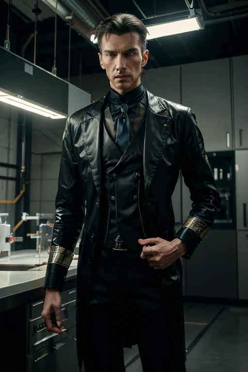 (best quality, 8K, 32k, masterpiece, UHD:1.2), 1 man, modern Nikola Tesla, tall and slender, intense gaze, eccentric yet stylish attire, laboratory setting, futuristic inventions in the background, electricity crackling around him, (innovative pose:1.2), detailed face, visionary expression, looking at the viewer