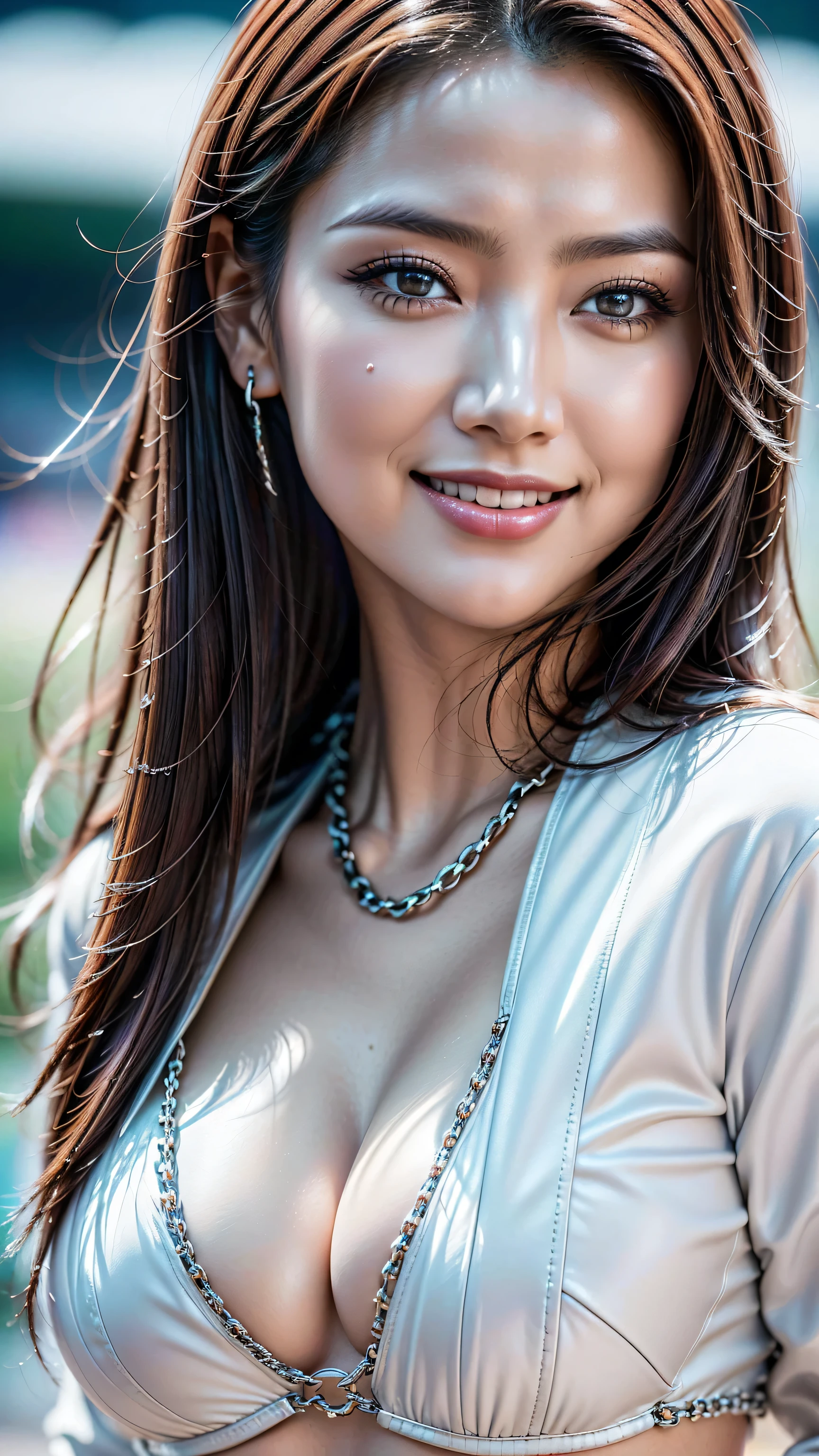 photorealistic Realism 16K Quality, (super quality details in realistic texture: skin, hair), ((Ultra high-res Realistic eyes, clear sharp, not blurry, absurd quality details:1.25)), (([eyes|eyeshadows]:[brown|pink])), ((portrait)), a cute 1model:1.4 24yo, (depth of field), ((anatomically correct)), ((perfect proportions)), dslr, best high quality soft lighting, sharp focus captured by Fujifilm XT3, f 5.6, in a dramatic lighting, ((perfect composition)), ((pale skin)), (dry skin), ((the entire outfit has a pattern, black and white checkerboard)), ((checkered pattern:1.3)), ((dressed in a slave's bra with chains, breasts covered by sexy [chainmai]l:1.25)), ((bondage made of chains: 1.32)), ((unbuttoned leather motorcycle open jacket:1.3)), intricate detailed:1.45), ((firm and full breasts)), beautiful cheekbones, Double eyelids, ((satisfaction smile, gorgeous appearance, electrifying appearance)), (((close up of her face:1.42))), (Dynamic pose), ((on the racetrack:1.3)), 