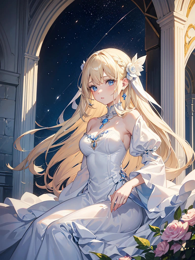 top-quality、Top image quality、​masterpiece、Elven Beauty、Smiling while holding a bouquet of white roses((24 year old、Best Bust、big bast、Bust 90,Beautiful blue eyes、,Blonde long hair、A slender、a closeup、Esbian、beautiful tiara、hiquality、Beautiful Art、Background with((starrysky)))masutepiece、visualart、depth of fields、morning、sunrises、Elven ears、、mid night、harp melody🎵、Happy smile、Gentle light、、Beautiful skins、beutiful breast、beautiful foot、welcome、、accurate fingers、Exact finger count、ticker beautiful dress、A sexy、Mystical　　In the flower garden、flower  field、White roses、the woods、Marble pillars、
