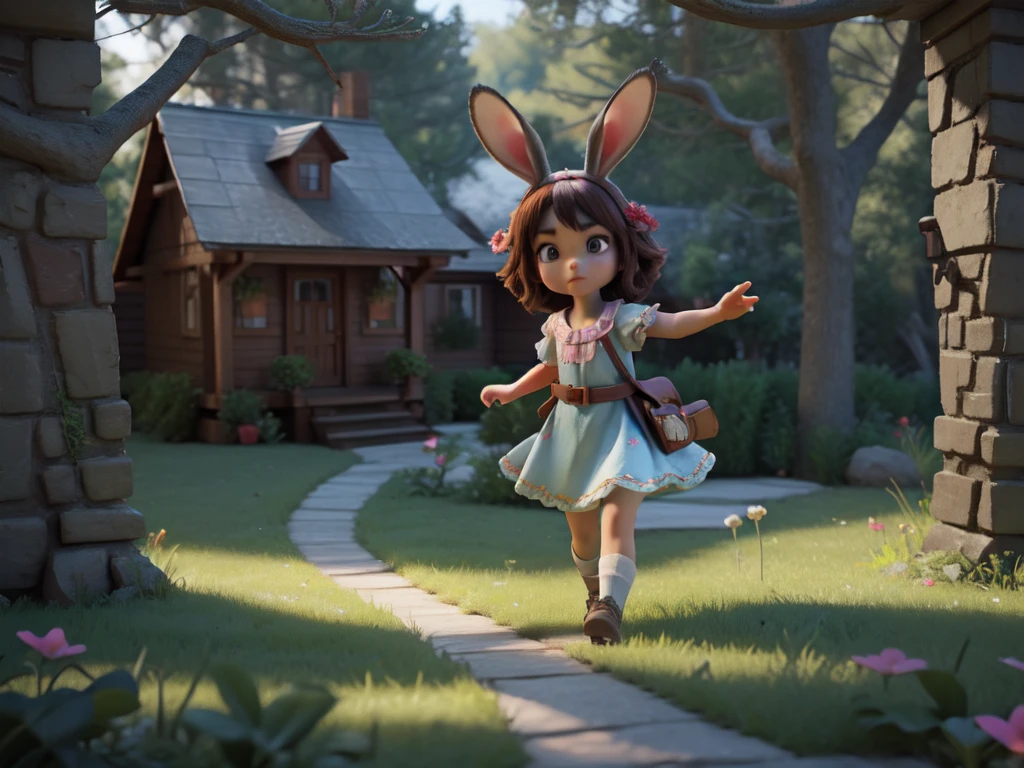 3d rendering, Animated movie screenshots, Rabbit&#39;s Adventure, Energetic、Colorful scene, expressive eyes, Naughty and mischievous expression, Lush、Fantastic garden setting, Tall grass and flowers, magical atmosphere, Sunlight through the trees, Energetic和饱和的调色板, Dynamic Lighting, Realistic textures, High quality animation, Carefully crafted background, Visually stunning scenery, Attention to detail, Immersive Storytelling, captivating visuals, Fantastic creatures and characters, Epic and exciting moments, Warm and touching scene, Strong visual impact、Unforgettable shots, masterpiece.