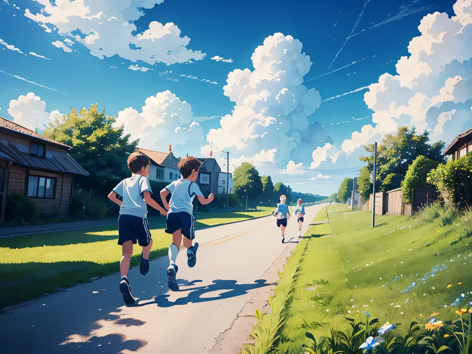 Boys and girls, children running, back, boys and girls, blue sky and white clouds, dreamtalk summer, realistic illustration