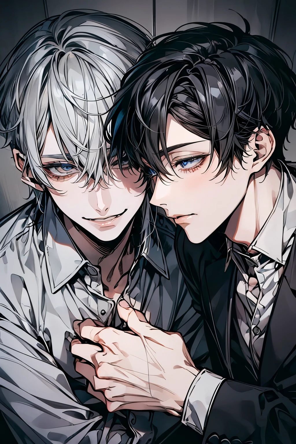 (Mastepiece), (Best Quality), Very detailed, ((Two men in intimacy:1.5)), Perfect Face, Beautiful Face, Very detailedな顔,(Black-haired man:1.3),(Grey-haired man:1.3)、shirt、smile