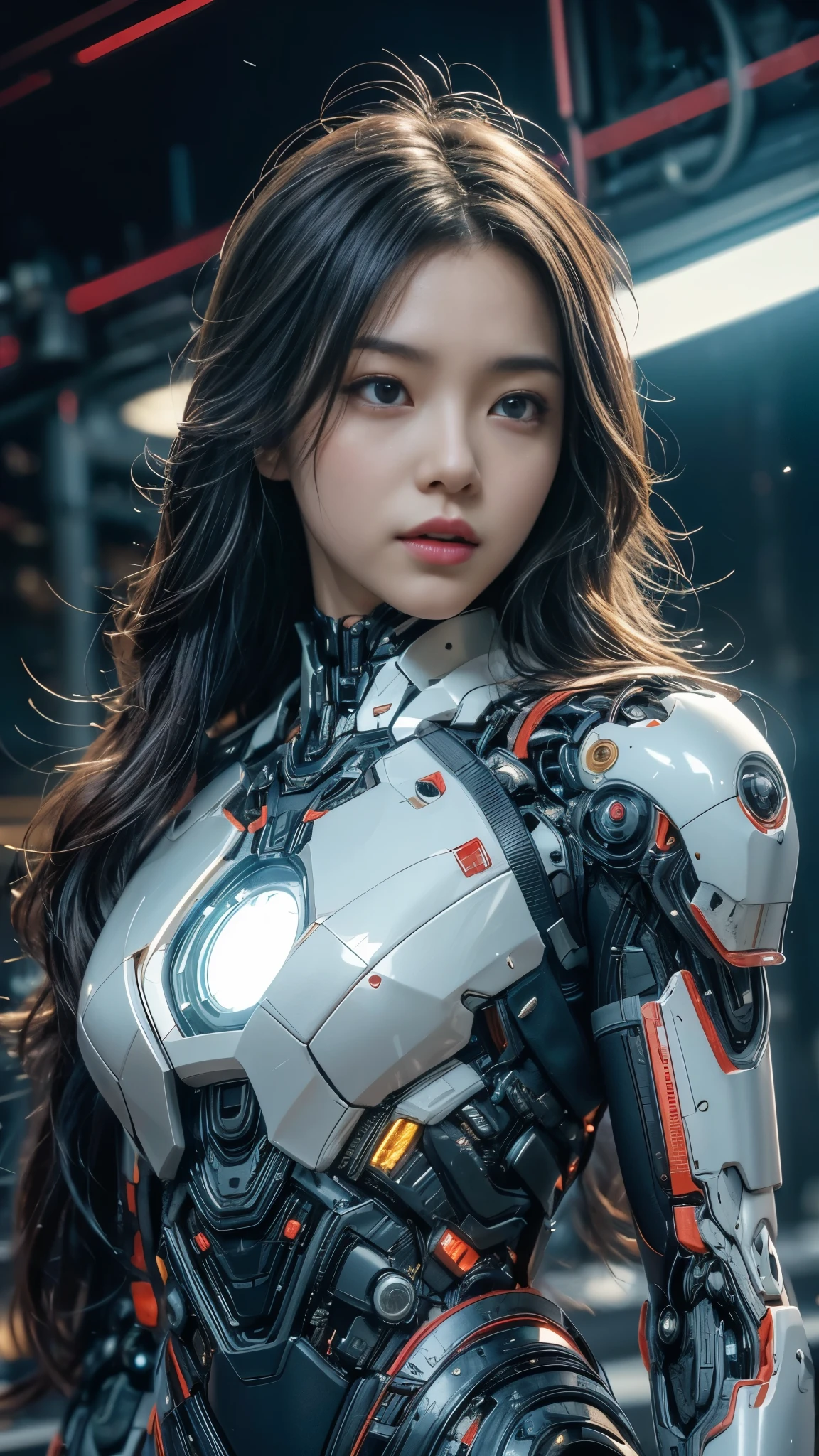 Super realistic, hyper realistic, super detailed, (cybersamurai girl, long silver hair, blue eyes, cleavage, full body armor, clothing cutout, blurry background, science fiction, robotic mouth mask, extreme detailed cyborg component, intricate detailed mechanical humanoid, iron-man likeness, cyberpunk, (katana sticking out crossed on back:1.3)), (neon light background:1.25), masterpiece, best quality, wide-angle, Hyperdetailed, masterpiece, best quality, 8k, natural lighting, soft lighting, sunlight, HDR (High Dynamic Range), Maximum Clarity And Sharpness, Multi-Layered Textures
