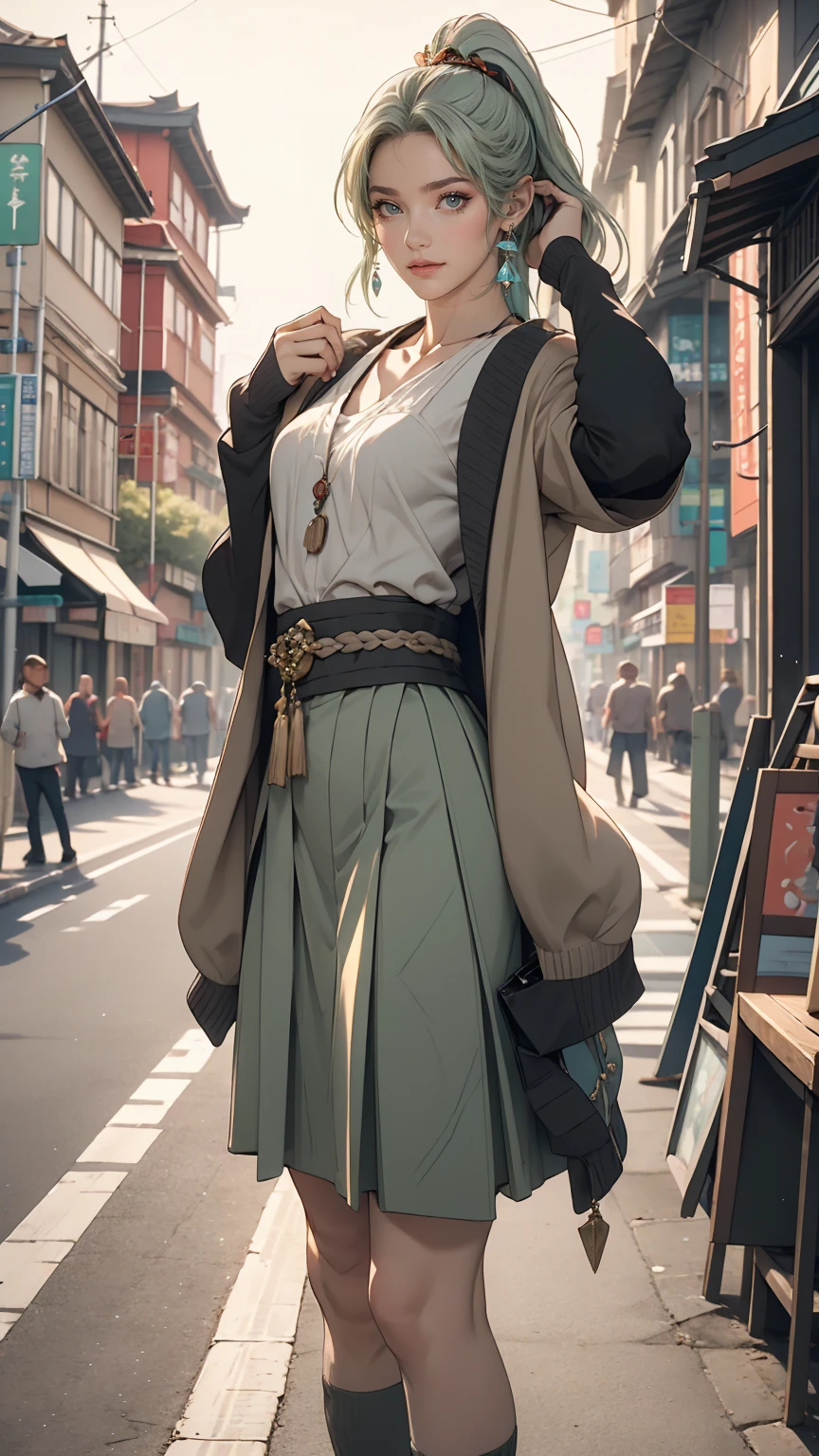 masterpiece , highest quality,Nahida(Genshin Impact) ,One girl , Small breasts,Long Hair ,Side Ponytail, hair ornaments , Gray Hair , Green Hair , Place your hands behind your head:1.5,Multicolored Hair, Fairy , Pointed Ears ,  , skirt ,cardigan,road , street,Looking at the audience