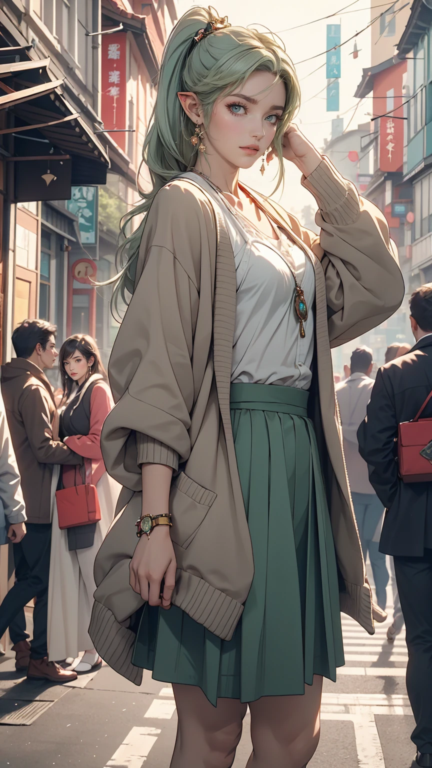 masterpiece , highest quality,Nahida(Genshin Impact) ,One girl , Small breasts,Long Hair ,Side Ponytail, hair ornaments , Gray Hair , Green Hair , Place your hands behind your head:1.5,Multicolored Hair, Fairy , Pointed Ears , , skirt ,cardigan,road , street,Looking at the audience