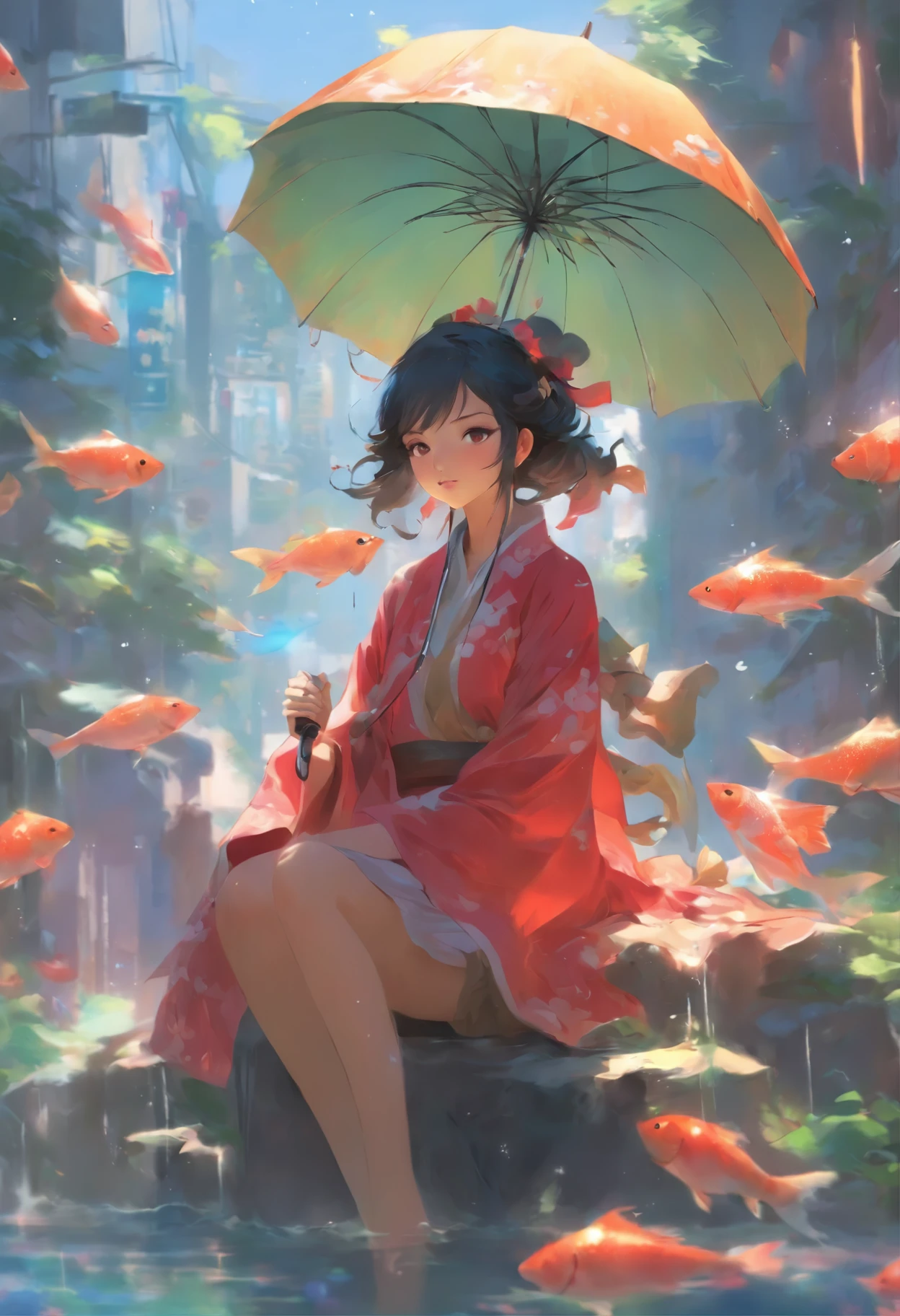 there is a woman sitting on a fish with an umbrella, by Yanjun Cheng, guweiz on pixiv artstation, guweiz on artstation pixiv, by Russell Dongjun Lu, by Chen Lin, by Li Song, by Yang J, artwork in the style of guweiz, by Zhou Wenjing, by Zeng Jing, by Wen Tong