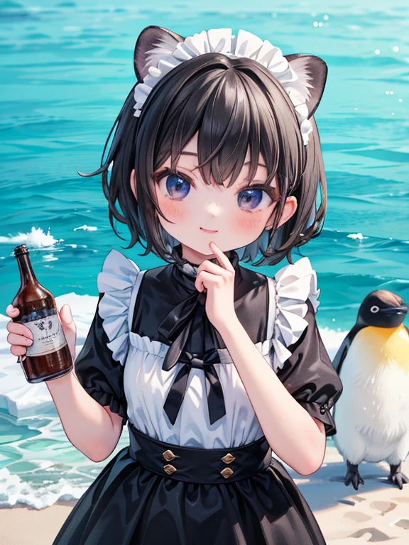 masterpiece, highest quality, Very detailed, 16k, Ultra-high resolution, Cowboy Shot, Detailed face, Perfect Fingers, A ****************, black eye, smile, Black Hair, short hair, Black maid outfit,  polar animals, Antarctica, On ice, penguin,fox,ferret