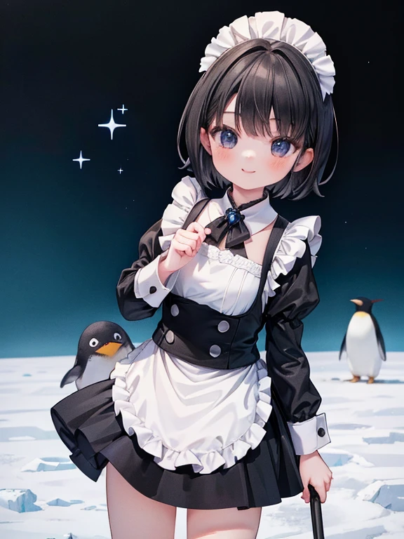 masterpiece, highest quality, Very detailed, 16k, Ultra-high resolution, Cowboy Shot, Detailed face, Perfect Fingers, A ****************, black eye, smile, Black Hair, short hair, Black maid outfit,  polar animals, Antarctica, On ice, penguin,fox,ferret