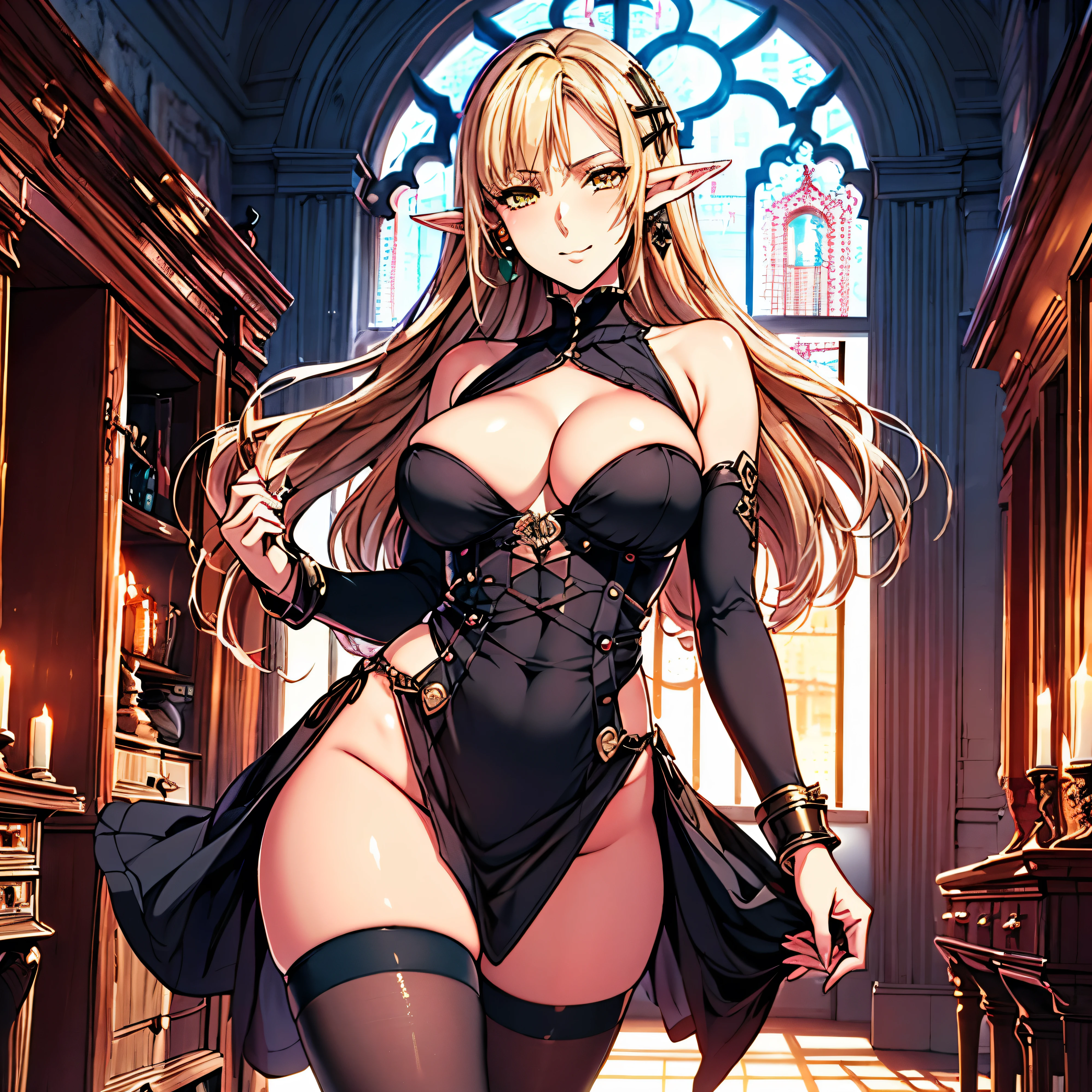 ((((solo)))), Elf, young, pointy ears, beautiful, pale skin, blonde, yellow eyes, earrings, very long hair, elegant, black gothic dress, miniskirt, tights, thights, wide hips, big breasts, sexy, medieval city, fantasy, arrogant smile