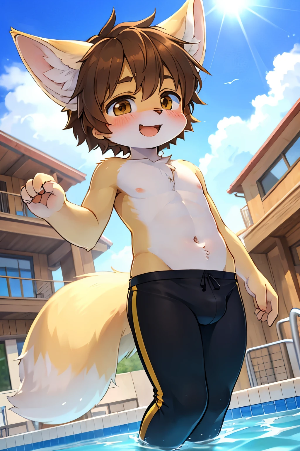 (a small male cub humanoid fennec fox boy with light brown hair and yellow fur), wearing a tight school black swim pants, happy, blush, dynamic angle. swimming pool