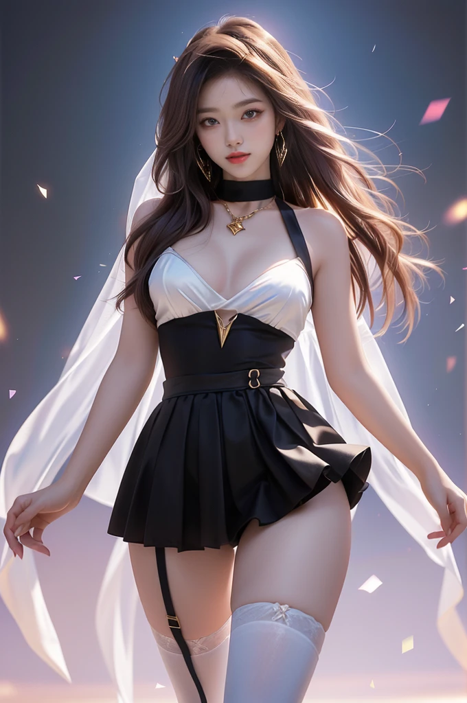 (8K Ultra HD、Digital SLR Camera、Soft Light、high quality、Volumetric Lighting、frank、photo、high resolution、4k、8K、Bokeh)，(Rich details on the eyes and face，warm color, Very saturated colors，Show a charming smile, Perfect face, Pretty Face, black eyes，Skin is transparent and visible, Shirasawa skin，cosmetic, necklace, Jewelry，veil，Hair accessories)，(Create stunning images of real girls, warm light, Dynamic poses, Elegant Posture, Cowboy lens, Look confident from the front，Facing the camera，Standing，Open your legs slightly，Golden Ratio Graphics，Minimalism, ), （Study background）, Chinese female students，brown hair、Gradient hairstyles，（Sexy，Perfect breast shape、Very detailed breasts，34E cup），Sexy透明紧身连体衣，（High waist，Waist hollow，Levain），（Smooth knee socks、garter、腿部garter）