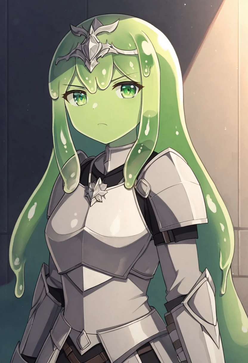 anime, waifu, exceptional, best aesthetic, new, newest, best quality, masterpiece, solo, BREAK slime girl, 1girl, serious, (armor:1.2), green skin, slime hair, solo, rating_safe