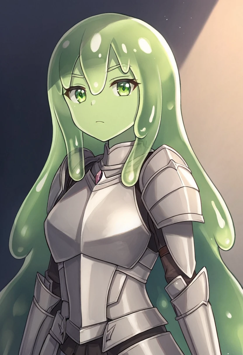 anime, waifu, exceptional, best aesthetic, new, newest, best quality, masterpiece, solo, BREAK slime girl, 1girl, serious, (armor:1.2), green skin, slime hair, solo, rating_safe