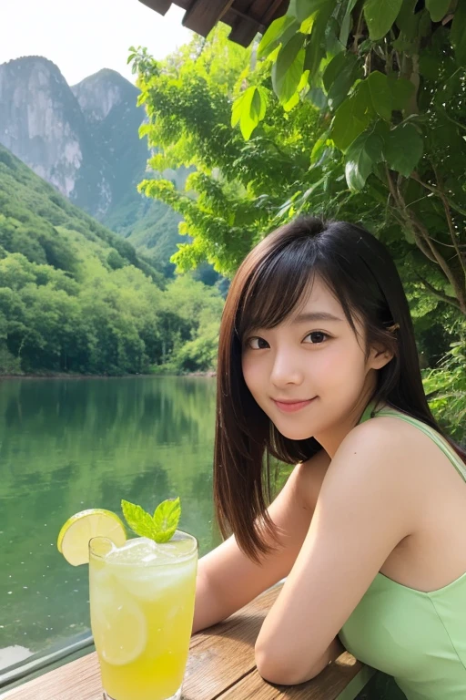 A pure and beautiful girl,A cute yellow-green cocktail,Drinking,Refreshing scenery and nature