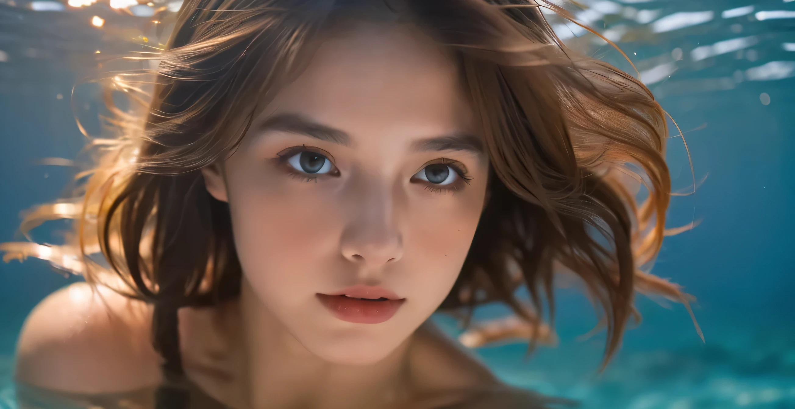 a beautiful nude girl with medium breasts, brown hair, coffee-colored skin, and dark orange eyes, entire body underwater in a water park, photorealistic, masterpiece, (best quality,8k,highres,ultra-detailed,realistic:1.37),bokeh,studio lighting,dynamic pose,cinematic lighting,dramatic colors,moody atmosphere