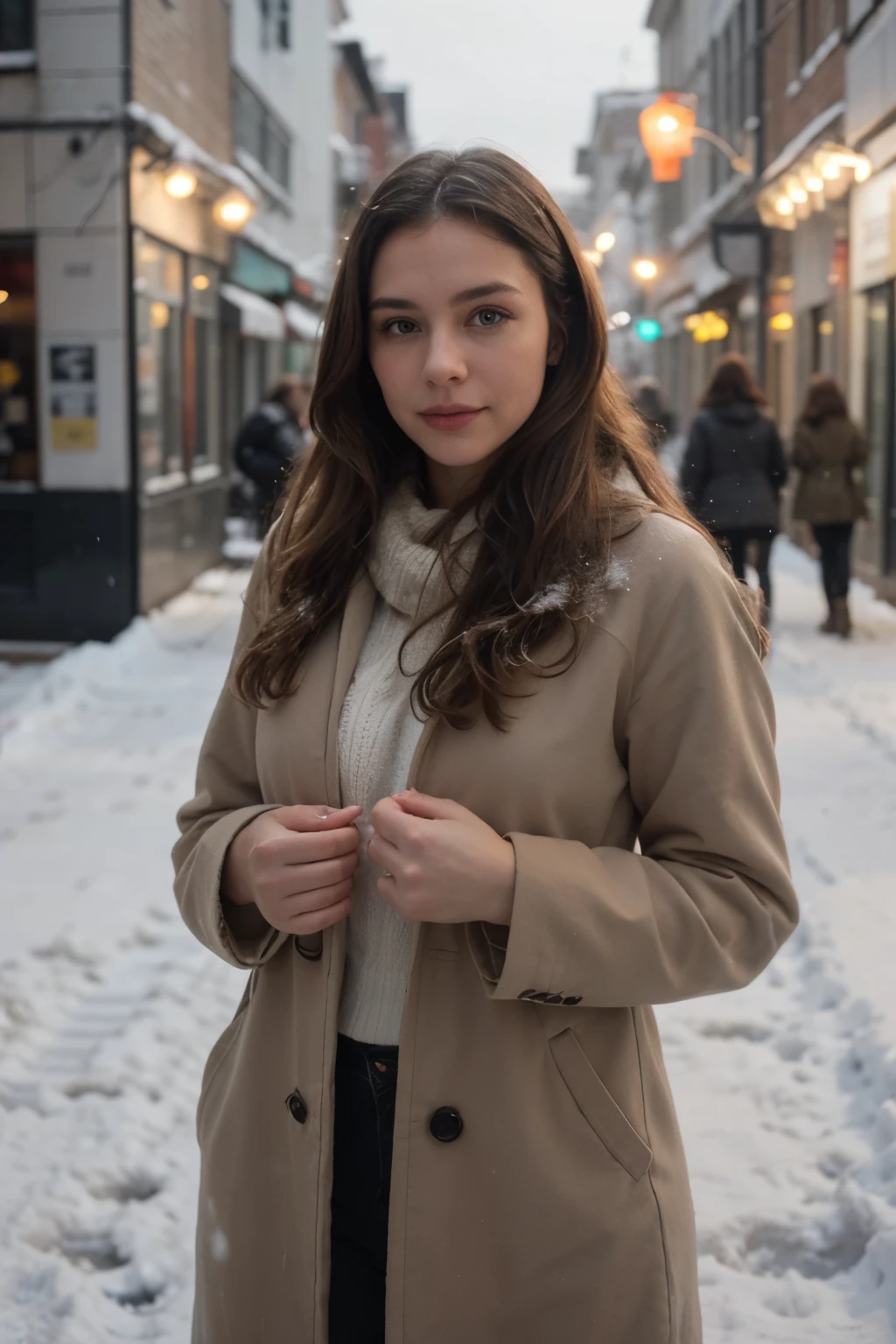 professional portrait photograph of a gorgeous Norwegian girl in winter clothing with long wavy blonde hair, sultry flirty look, gorgeous symmetrical face, cute natural makeup, wearing elegant warm winter fashion clothing, ((standing outside in snowy city street)), stunning modern urban environment, ultra realistic, concept art, elegant, highly detailed, intricate, sharp focus, depth of field, f/1. 8, 85mm, medium shot, mid shot, (((professionally color graded))), bright soft diffused light, (volumetric fog), trending on instagram, hdr 4k, 8k