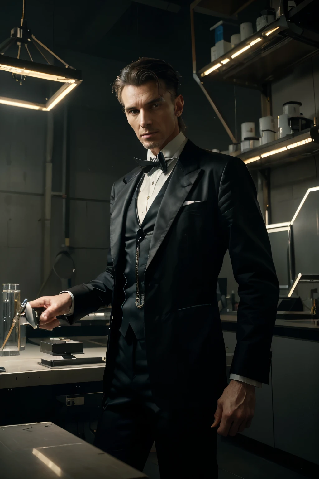 (best quality, 8K, 32k, masterpiece, UHD:1.2), 1 man, modern Nikola Tesla, tall and slender, intense gaze, eccentric yet stylish attire, laboratory setting, futuristic inventions in the background, electricity crackling around him, (innovative pose:1.2), detailed face, visionary expression, looking at the viewer