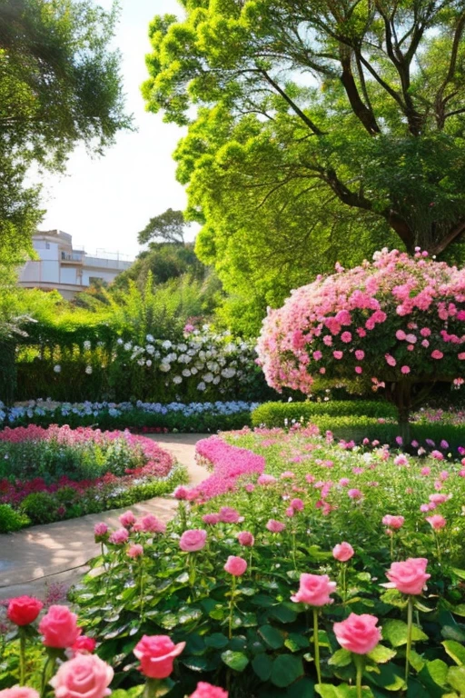 Jardin de rosas con escarchas con rayos de sol sobre saliendo de las nubes. Paisaje hermoso