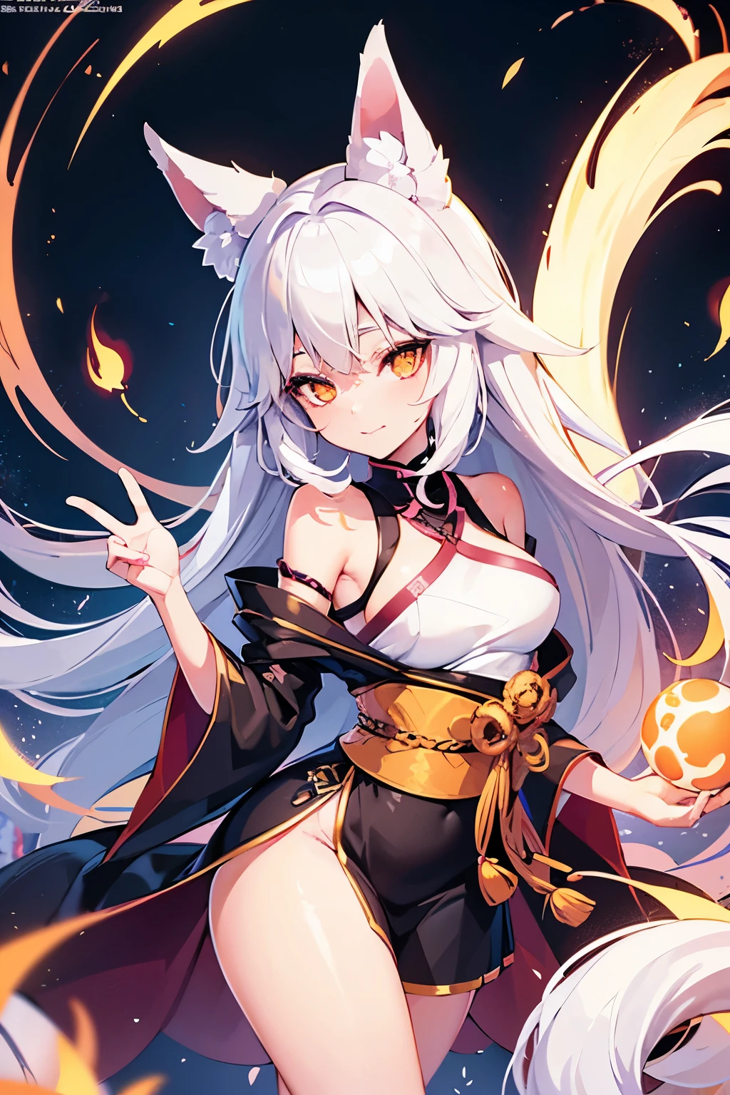 Spirit fox, sexy, bright eyes, white hair, fox ears, loom at viewer, beatifull girl, seductive gaze, sexy pose, orange eyes, fox eyes, eyeliner, japanese clothing, perfect girl, bauty girl, sexy girl, good body.