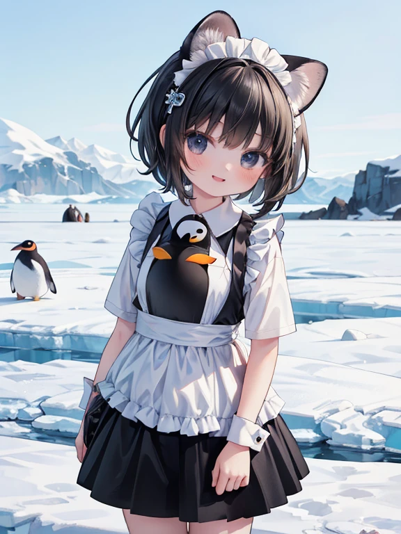 masterpiece, highest quality, Very detailed, 16k, Ultra-high resolution, Cowboy Shot, Detailed face, Perfect Fingers, A ****************, black eye, smile, Black Hair, short hair, Black maid outfit,  polar animals, Antarctica, On ice, (Penguin fox ferret on background)