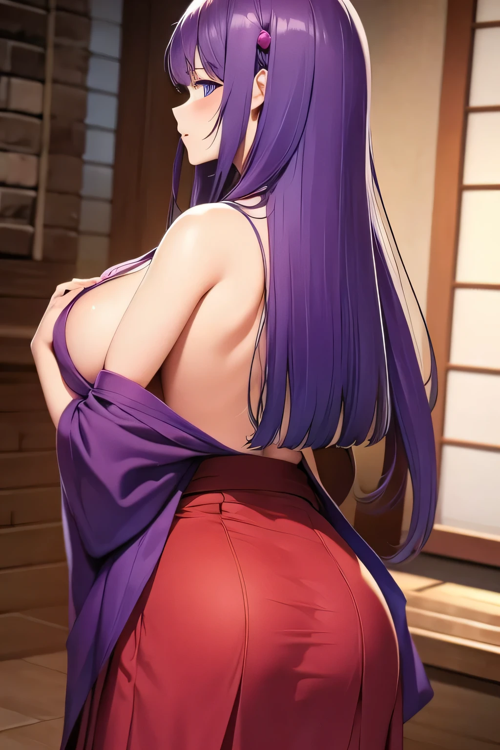 long hair，Loose purple kimono，Red skirt，Big boobs，Back