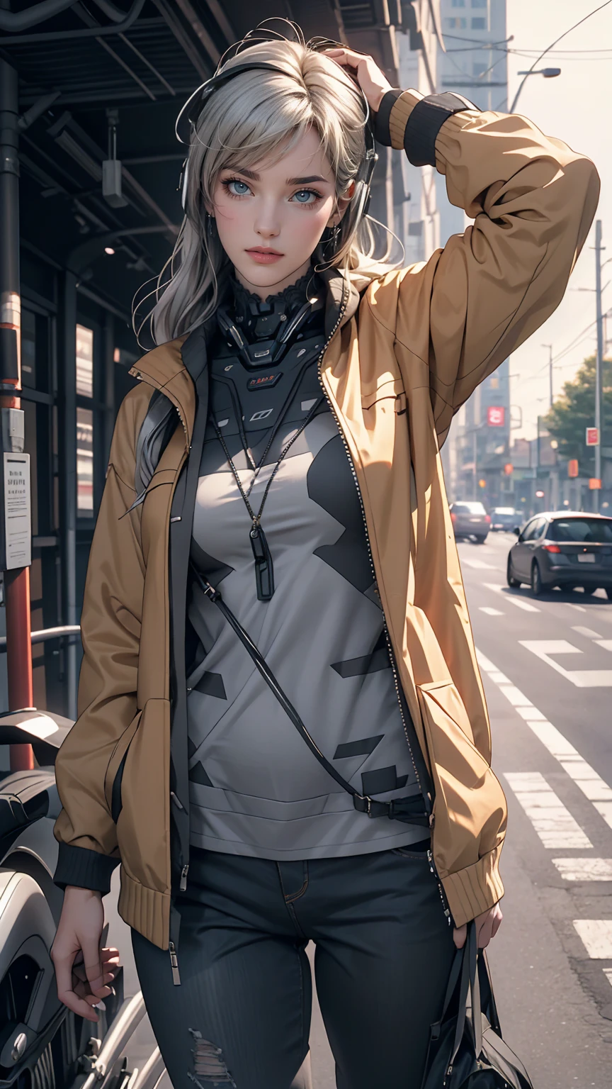 One girl, Gray Hair, Long Hair, Techwear masterpiece, highest quality, Realistic, realism, Dark purple jacket, Portraiture, Fine grain, Wearing the headset, Platinum Hair, 21 year old girl, Fashion pose, Half Body, Wide shot, on the road, cyber punk