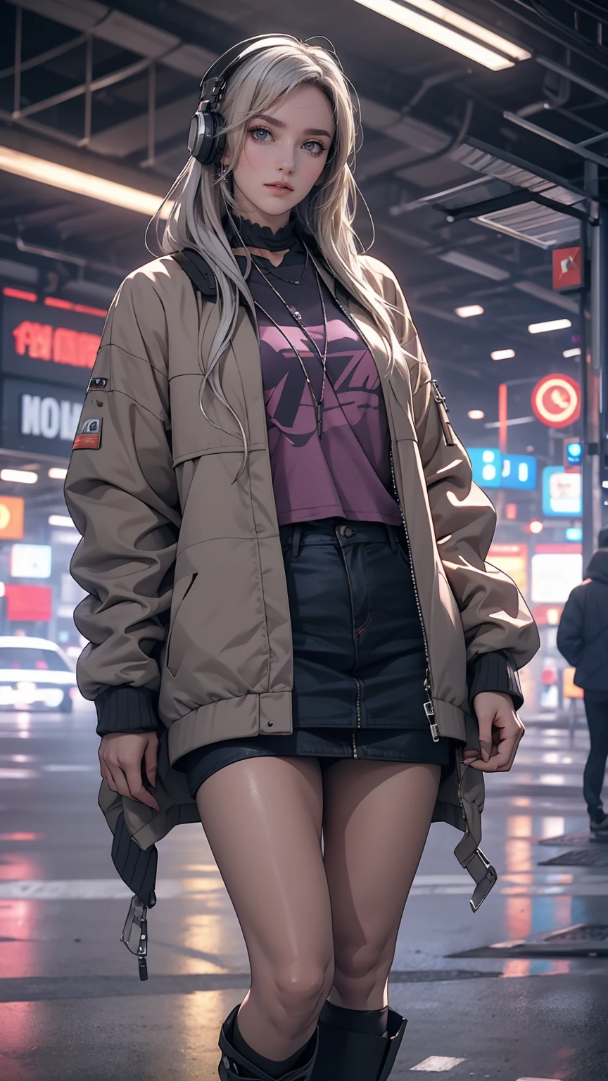 One girl, Gray Hair, Long Hair, Techwear masterpiece, highest quality, Realistic, realism, Dark purple jacket, Portraiture, Fine grain, Wearing the headset, Platinum Hair, 21 year old girl, Fashion pose, Half Body, Wide shot, on the road, cyber punk