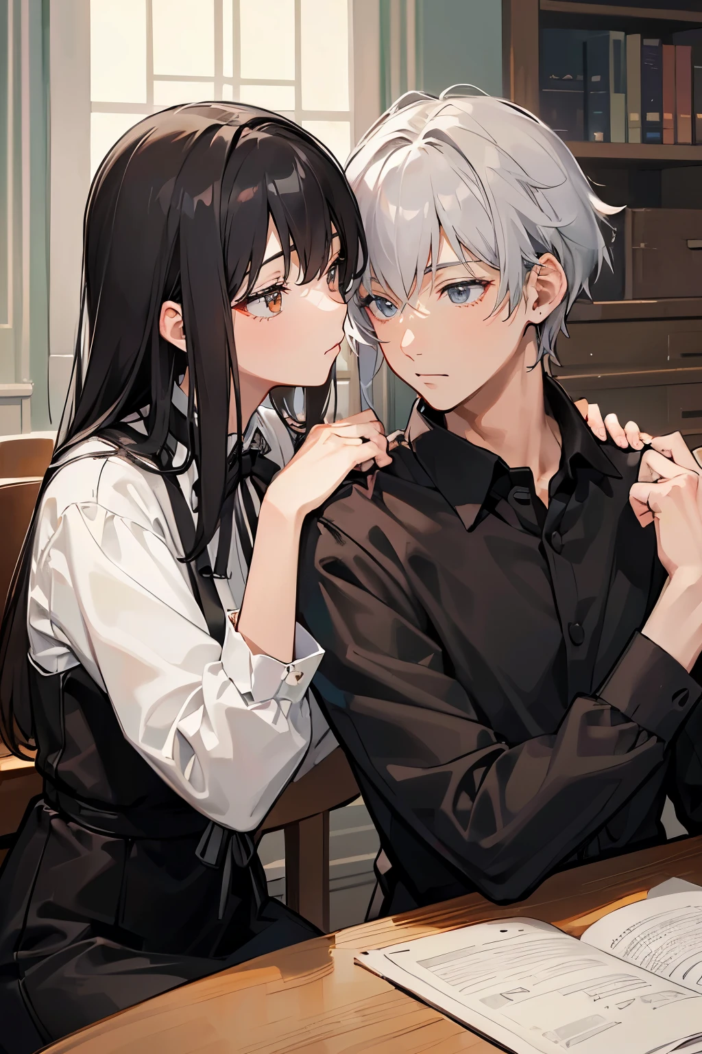 (Mastepiece), (Best Quality), Very detailed, ((Two good friends:1.5)), Perfect Face, Beautiful Face, Very detailedな顔,(Black-haired man:1.3),(Grey-haired man:1.3)、French kiss