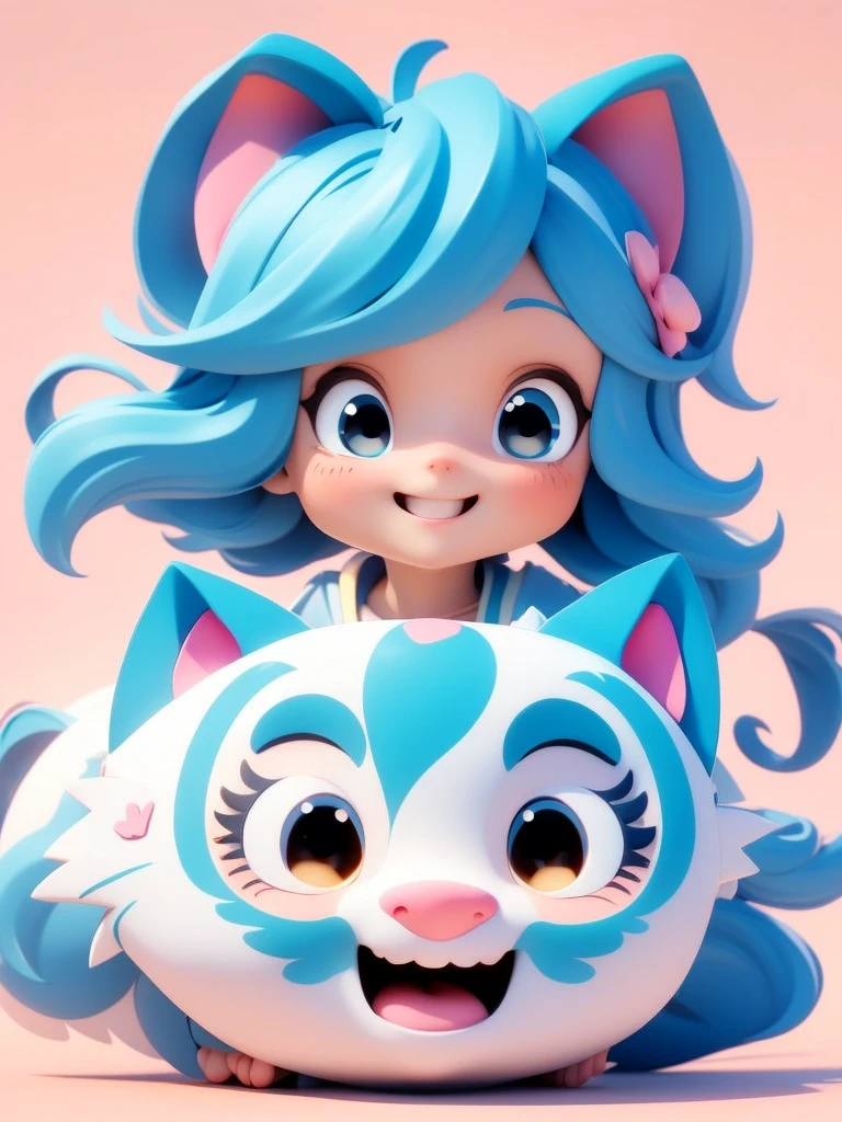 Happy girl wearing cat ears, cute and exquisite face, Japanese cartoons. illustration, Realistic shadows for perfect face shape, A big smile, fine details ,Blue Hair